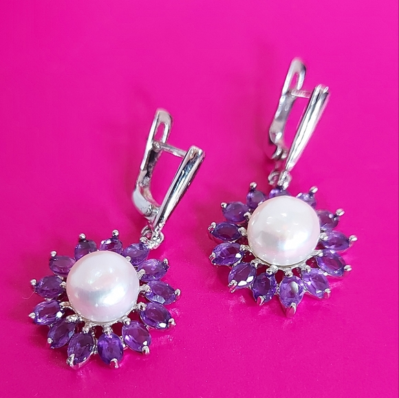 Natural Round Pearl 9mm & Amethyst 925 Sterling Silver Earrings‎ - Picture 2 of 8